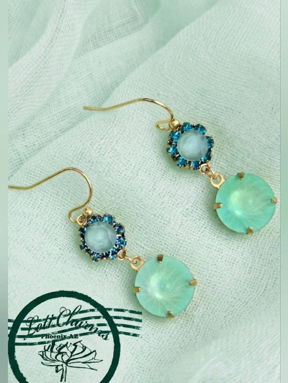 Mint Macaron Swarovski Crystals In Artisan Drop Gold Handmade Brass Earrings